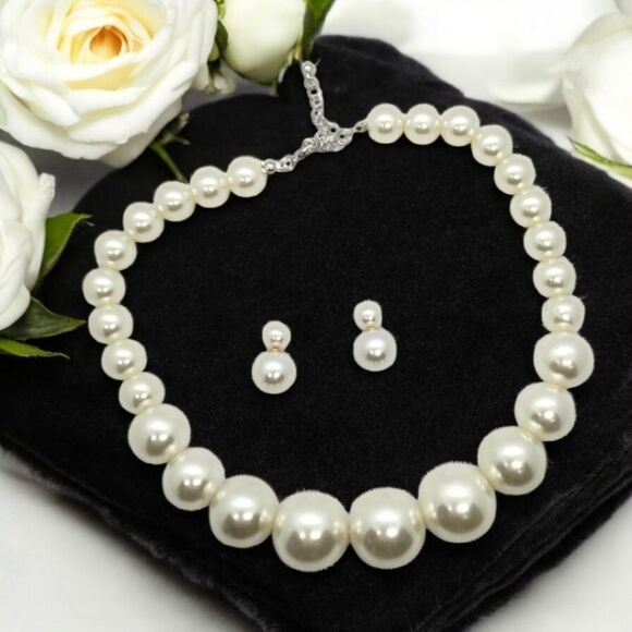Chunky Pearl Necklace Earring Matching Set 2pc Classic Formal Wedding Jewelry - Picture 1 of 9